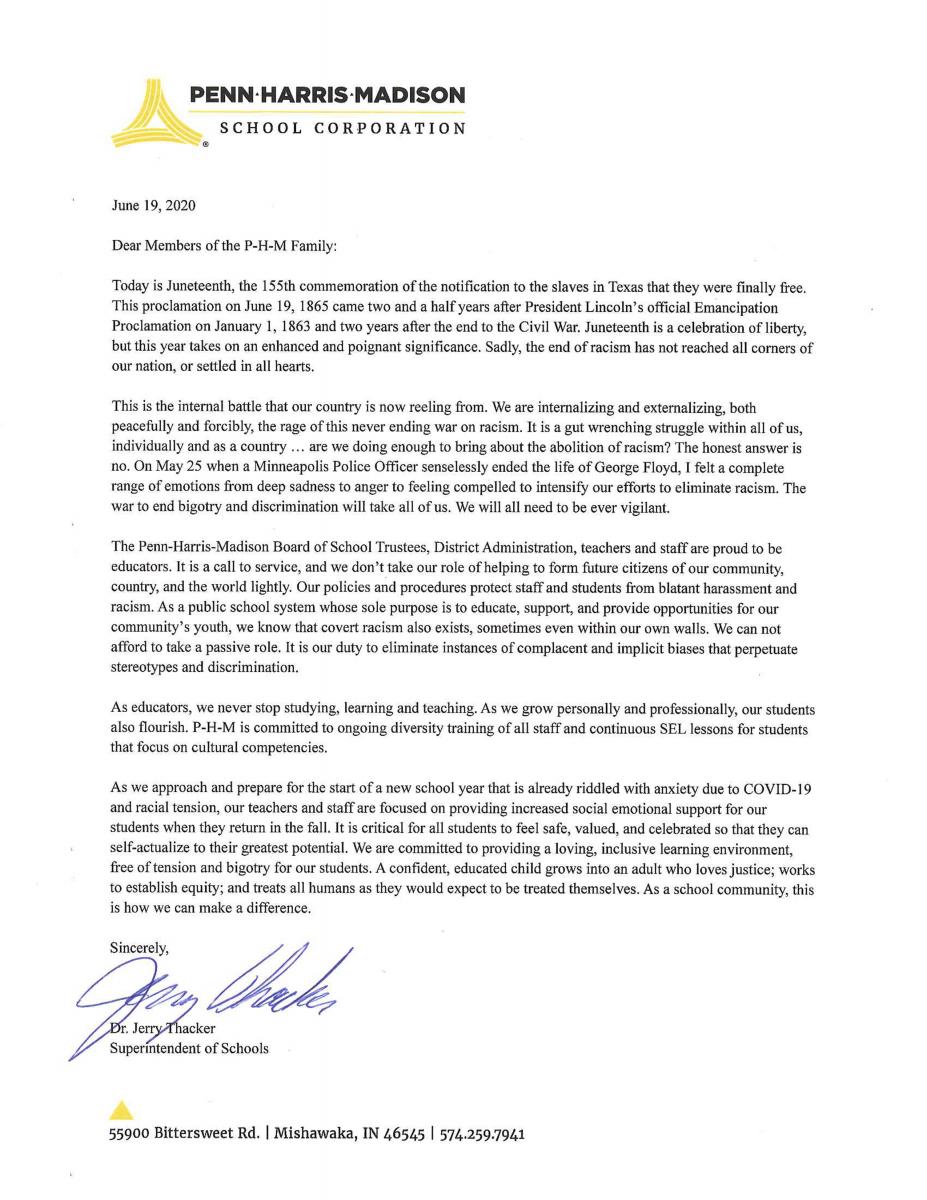 Superintendent letter to PHM Community on Juneteenth