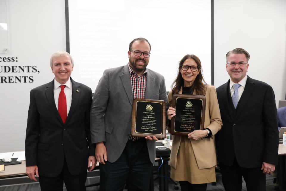 Supt. Dr. Thacker, James Turnwald, Angie Gates, & Pres. Chris Riley