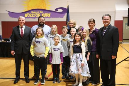 Supt. Dr. Jerry Thacker & Board Pres. Chris Riley with Horizon students & teachers