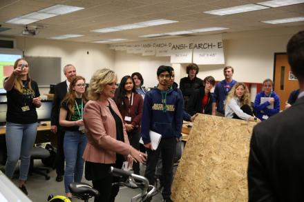 Penn's STEM Architecture students show Ind. Supt. Dr. Jennifer McCormick their latest project