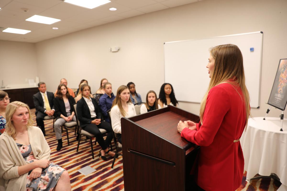 Sarah talking to Penn female wrestlers