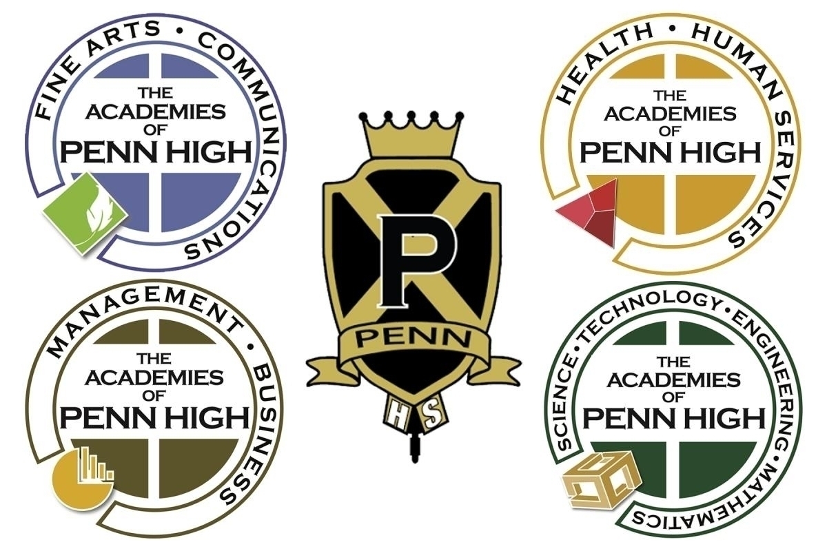 Displays a collection of emblems representing various organizations, including "PENN HIGH", "THE PENN STATE UNIVERSITY", "THE