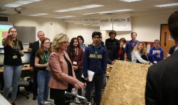 Penn's STEM Architecture students show Ind. Supt. Dr. Jennifer McCormick their latest project