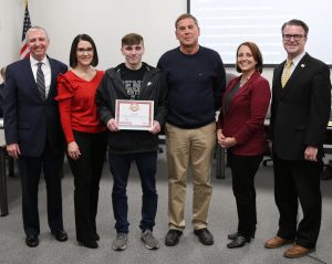 Penn-Harris-Madison Supt. Dr. Jerry Thacker, Stephanie Rosenberg, Youth Market Director of the AHA, Penn student Logan Hill, Penn Health instructor Rod Pawlik, Sunni Rossi, AHA Regional Vice President in Youth Markets, P-H-M Board of School Trustees President Chris Riley.