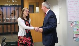 P-H-M Teacher of the Year Jeanie Mitchell is surprised by P-H-M Superintendent Dr. Jerry Thacker