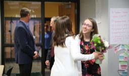 P-H-M Teacher of the Year Jeanie Mitchell is congratulated by her fellow teachers