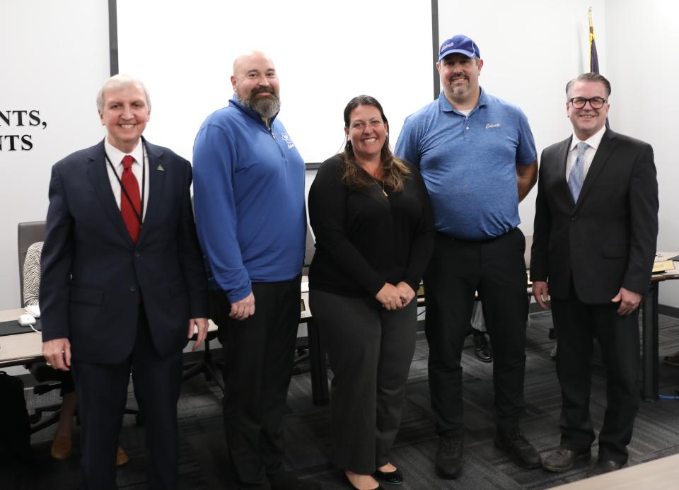 Dr. Jerry Thacker, Keith Remington, PHMEF Exec. Dir. Jennifer Turnbloom, Mark Nowak, School Board President Chris Riley