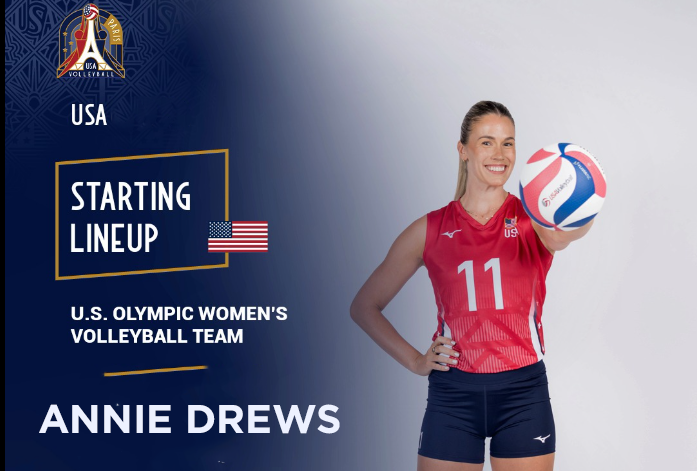 An advertisement for a women's volleyball team at the Olympics, featuring an athlete in a red, white, and blue uniform