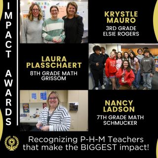 Congratulations to Krystle Mauro, Laura Plasschaert, and Nancy Ladson on earning P-H-M Impact Awards! Superintendent Dr. Heather Short and some friends stopped by to recognize each of them for this outstanding achievement. Way to go! #PHMExcellence