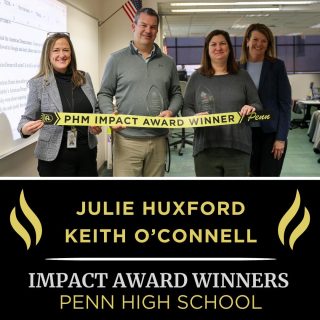 Congratulations to Penn High School teachers Keith O’Connell (AP U.S. History) and Julie Huxford (AP Language & Composition) for receiving P-H-M Impact Awards for outstanding student growth!

Both teachers had the highest percentage of students earning a score of 3 or higher on their AP exams last year.

#PHMExcellence