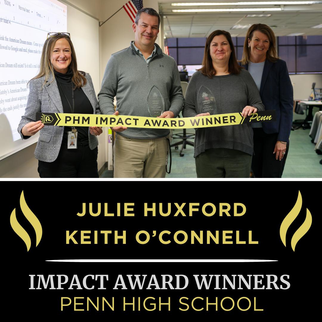 Congratulations to Penn High School teachers Keith O’Connell (AP U.S. History) and Julie Huxford (AP Language & Composition) for receiving P-H-M Impact Awards for outstanding student growth!

Both teachers had the highest percentage of students earning a score of 3 or higher on their AP exams last year.

#PHMExcellence