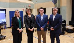 Schafer Gear Works representatives Kelly Lowry and Alex Beagles pictured with Superintendent Dr. Heather Short and Vice President Ryan McCullough after the PHM School Board approved renaming Penn High School Robotics Lab the Schafer Gearworks Robotics Lab as part of the PHMEF Naming Rights Campaign