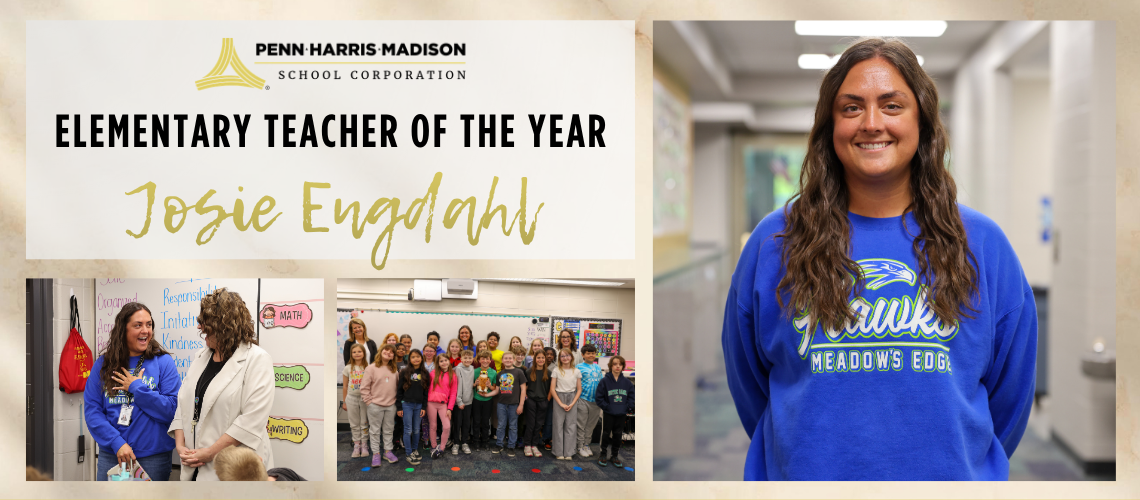 This is a collage of photos featuring a woman in a blue shirt standing in front of a sign that reads "Elementary Teacher of