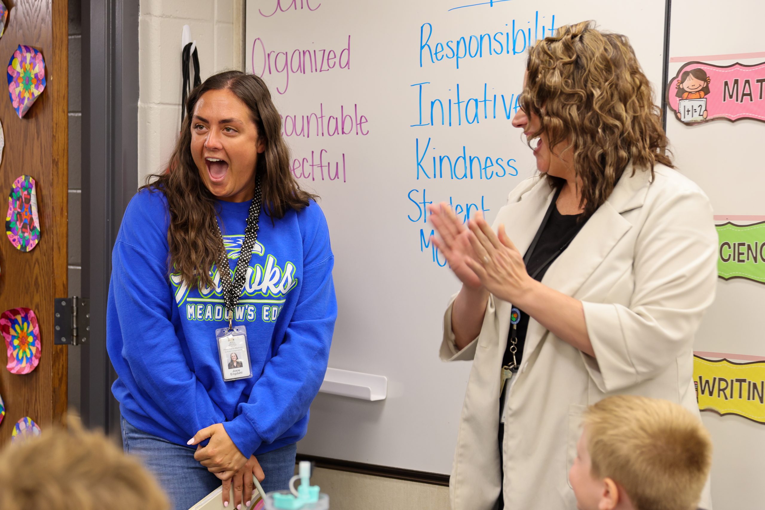 PHM Superintendent Dr. Heather Short names 4th grade Meadow’s Edge teacher Josie Engdahl P-H-M’s 2026 Elementary Teacher of the Year in a surprise classroom announcement with the help of Meadow’s Edge Principal Lindsay Helman-Cass.