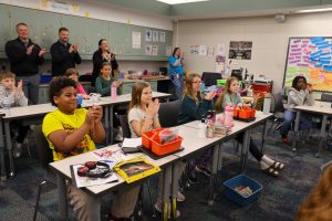 Meadow's Edge 4th graders clapping for Josie Engdahl winning PHM 2026 Teacher of the Year