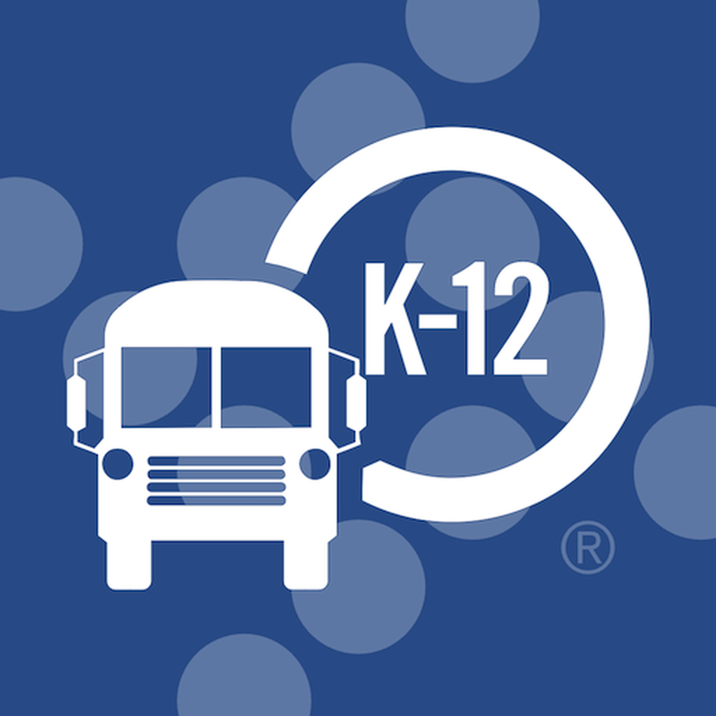 K-12 school bus logo on a blue background