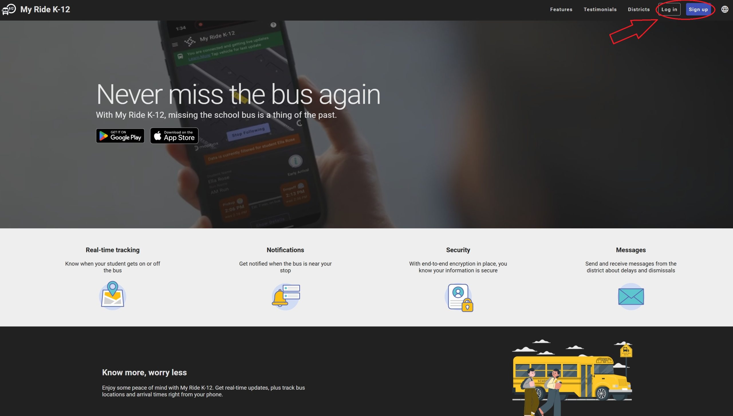 Screenshot of www.myridek12.tylerapp.com showing the Login and Sign Up icons in the top right hand corner