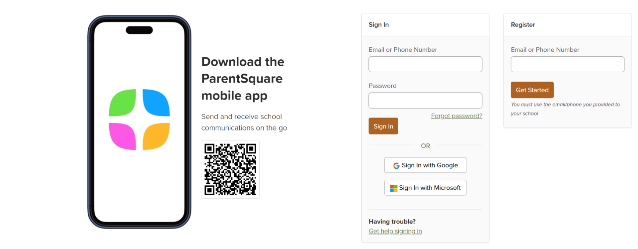Download the ParentSquare app to access the parent portal for your school.