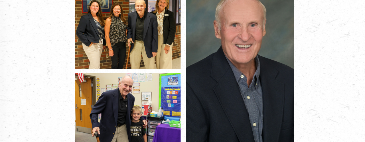 A collage of four photos featuring a man standing with three other individuals, all smiling, with the man in the center and