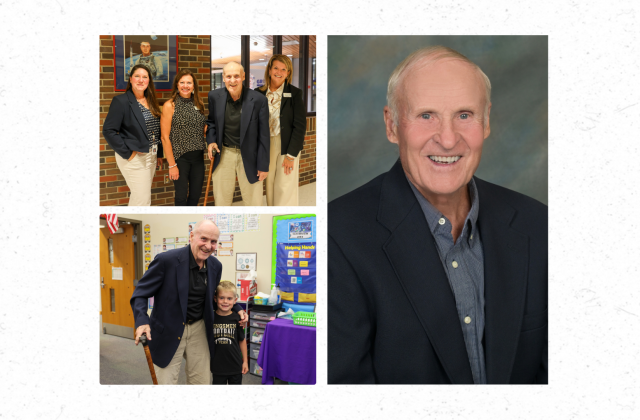 A collage of four photos featuring a man standing with three other individuals, all smiling, with the man in the center and