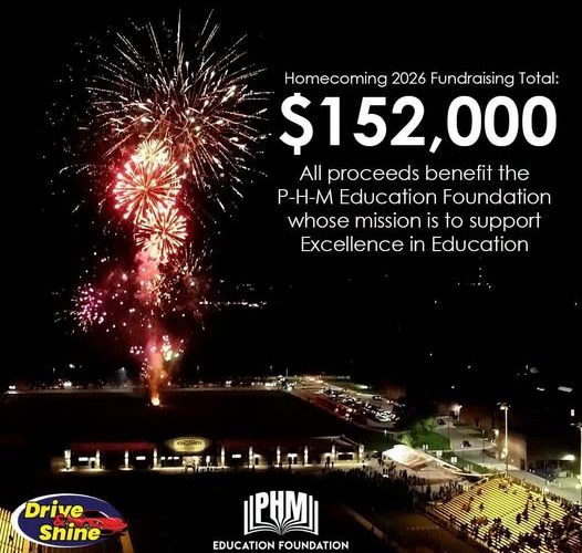 picture of fireworks with information about PHMEF raising $152,000 from Homecoming 2026 with all proceeds benefiting P-H-M Education Foundation and excellence in P-H-M schools